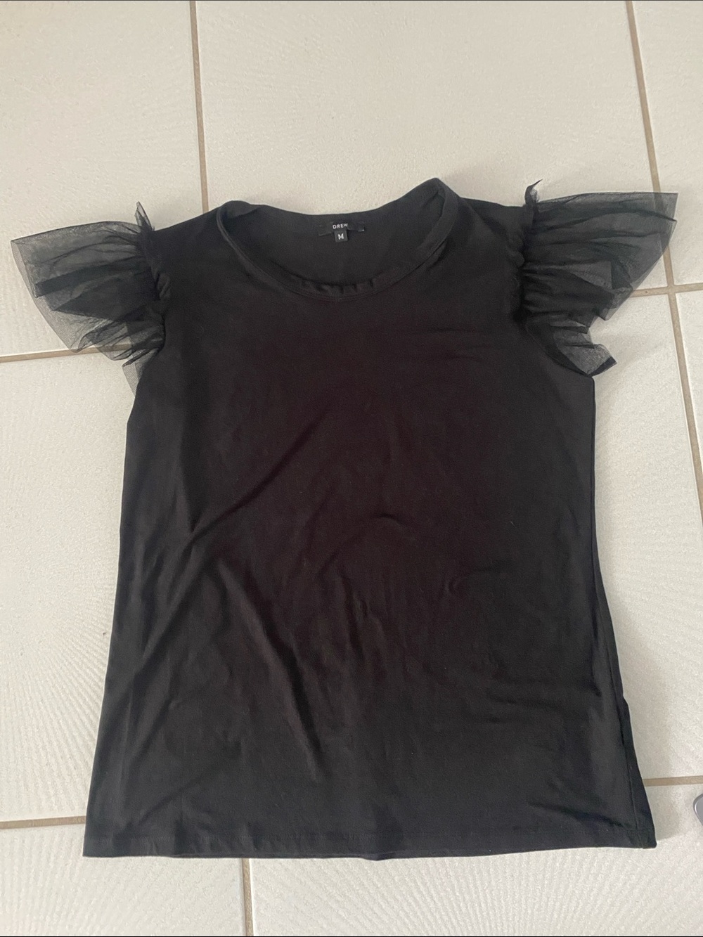DREW Black Tulle Ruffle Sleeve Tee medium